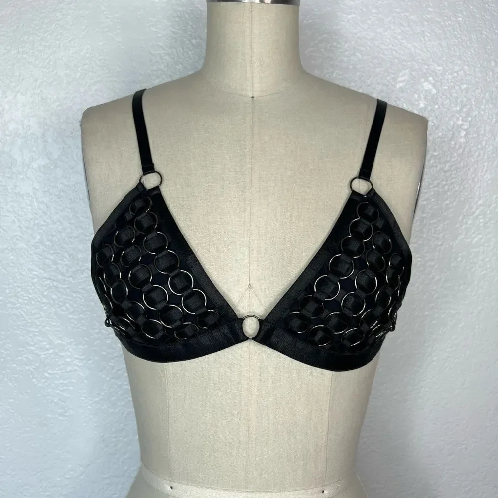 Dolls Kill black goth metal rings mesh black satin bra top statement piece  M